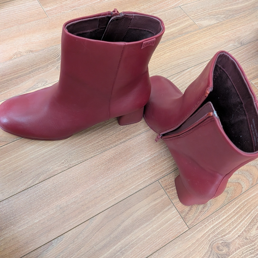 Modern Burgundy Leather Ankle Booties with Low Block Heel